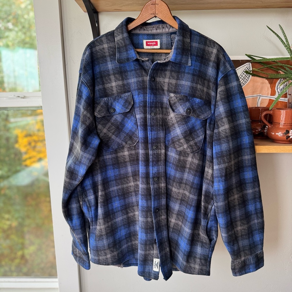 Wrangler Blue Black Plaid Fleece Button Down Flannel Shirt Size XL